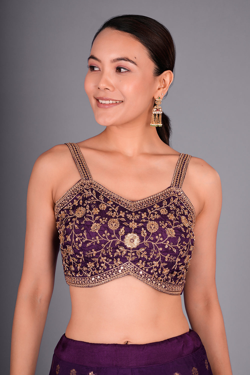 Purple Co-ord Set with Embroidered Bustier and Leheriya Cape