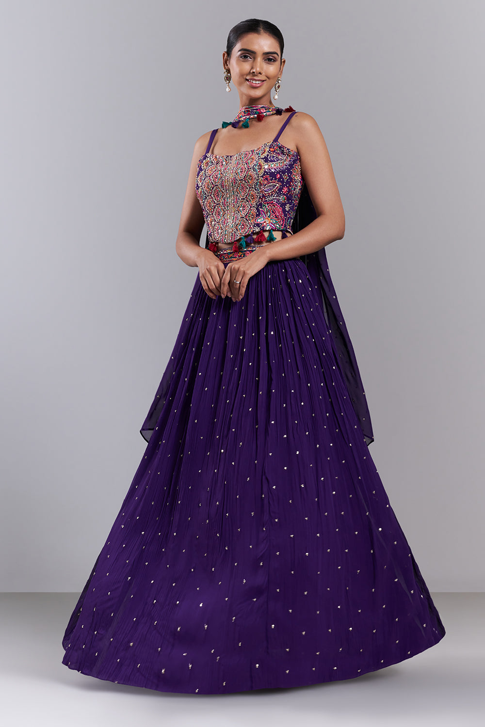 Purple Viscose Georgette Embroidered Lehenga Set