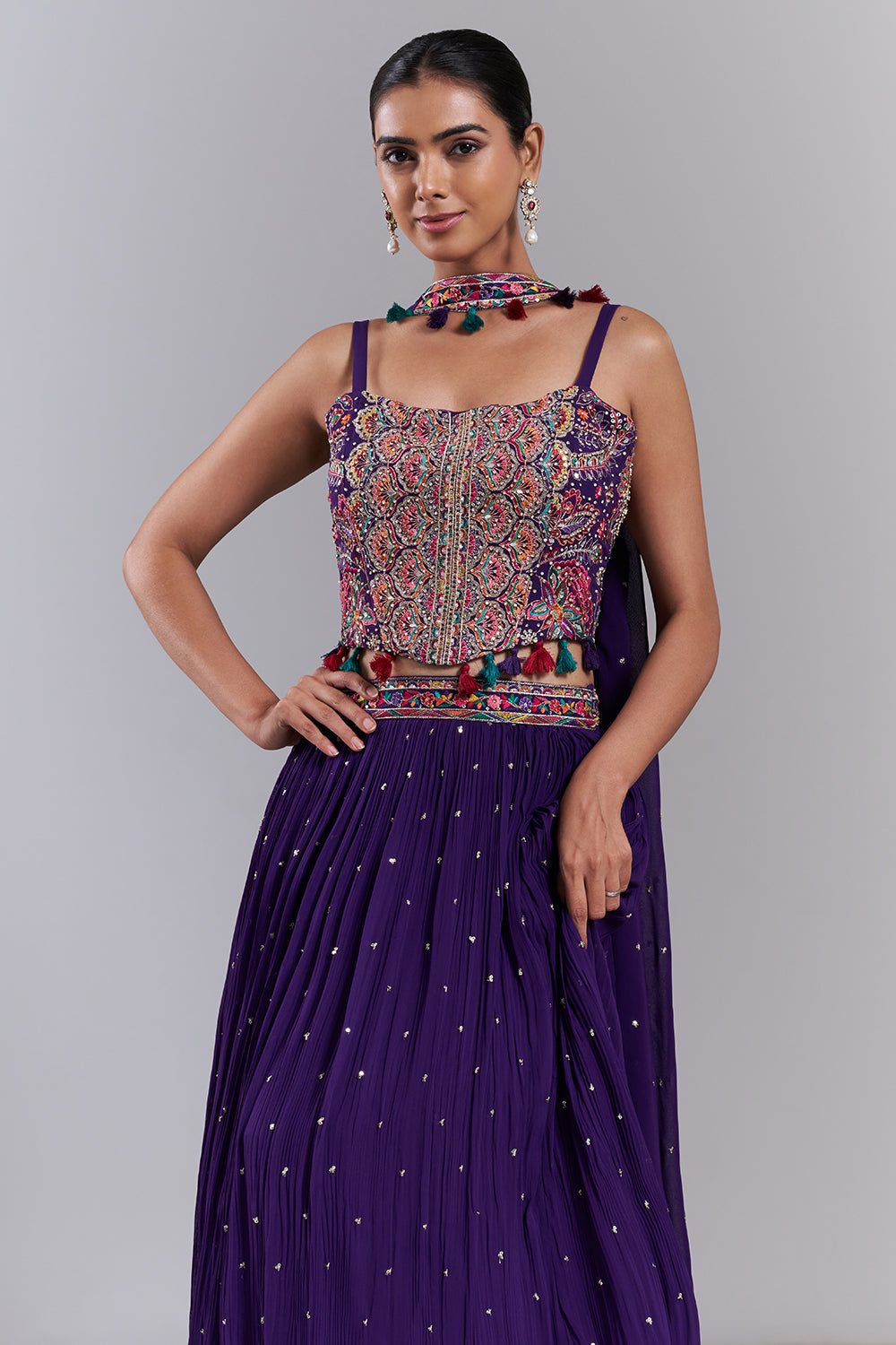 Purple Viscose Georgette Embroidered Lehenga Set