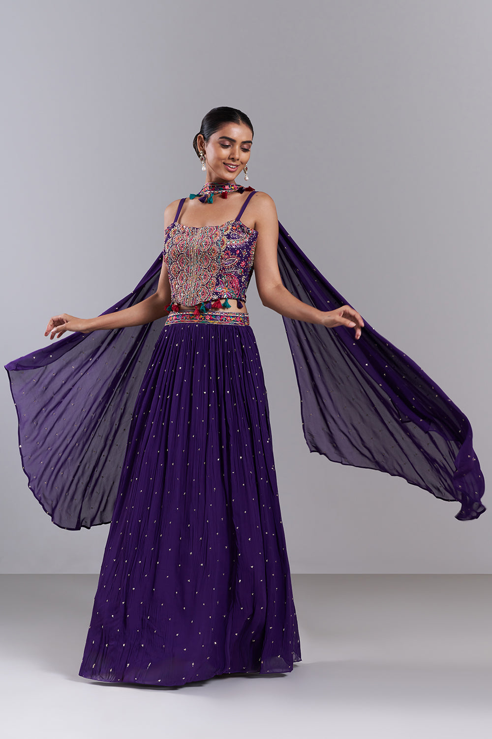 Purple Viscose Georgette Embroidered Lehenga Set