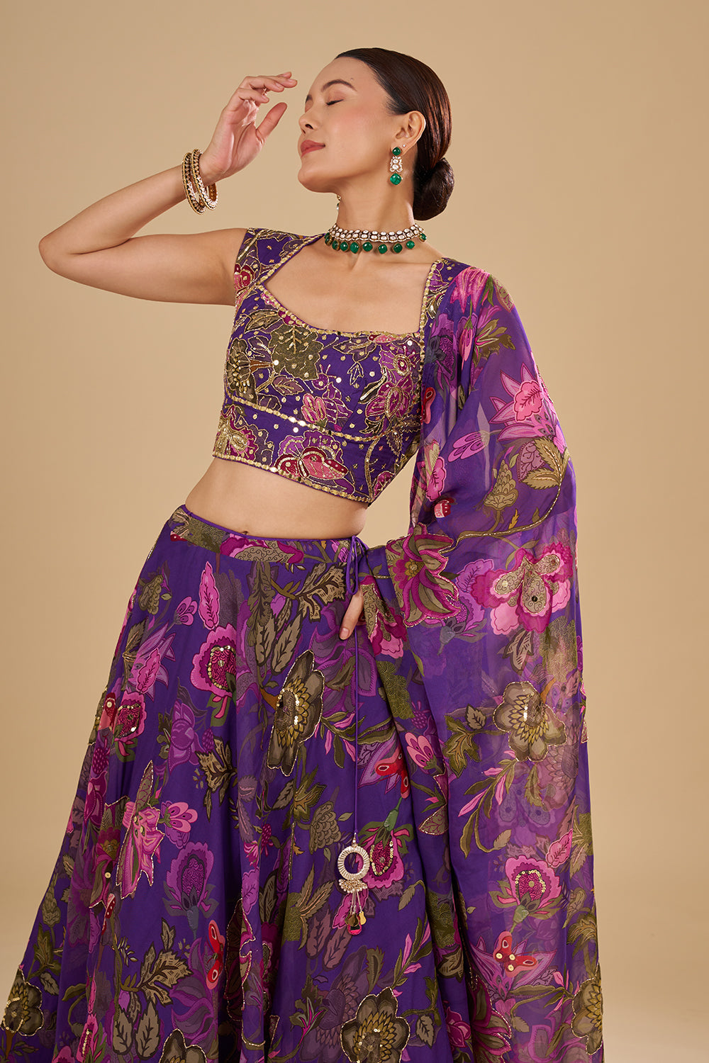 Purple Lehenga with Light and Dark Pink Floral Accents