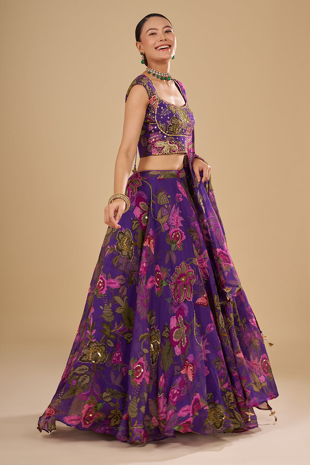 Purple Lehenga with Light and Dark Pink Floral Accents