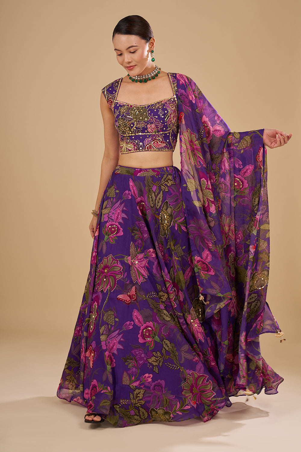 Purple Lehenga with Light and Dark Pink Floral Accents
