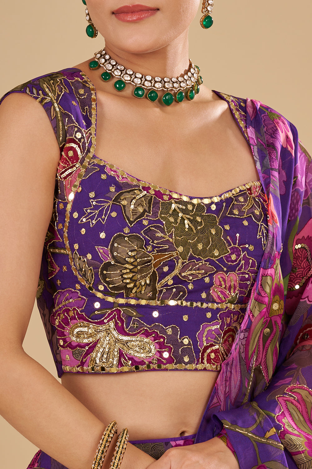 Purple Lehenga with Light and Dark Pink Floral Accents