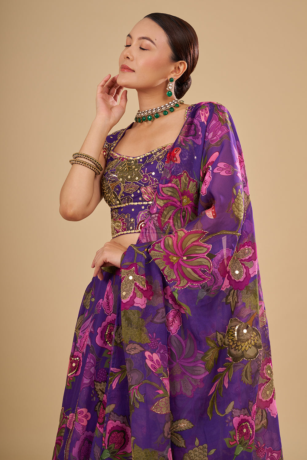 Purple Lehenga with Light and Dark Pink Floral Accents
