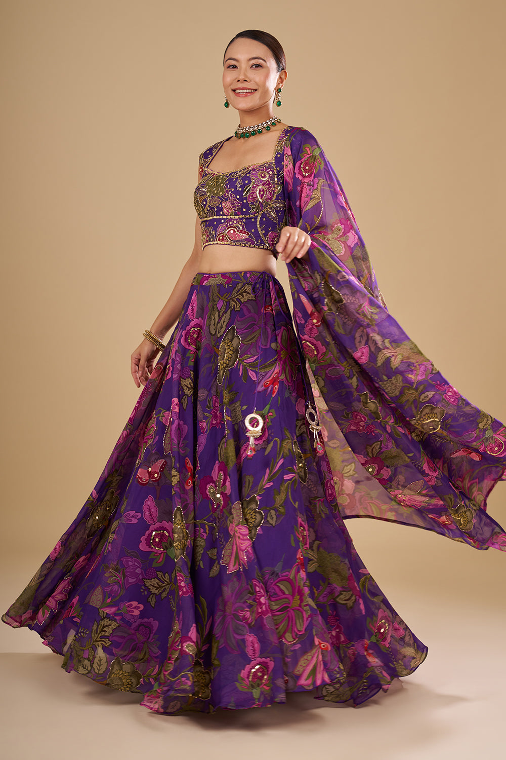 Purple Lehenga with Light and Dark Pink Floral Accents