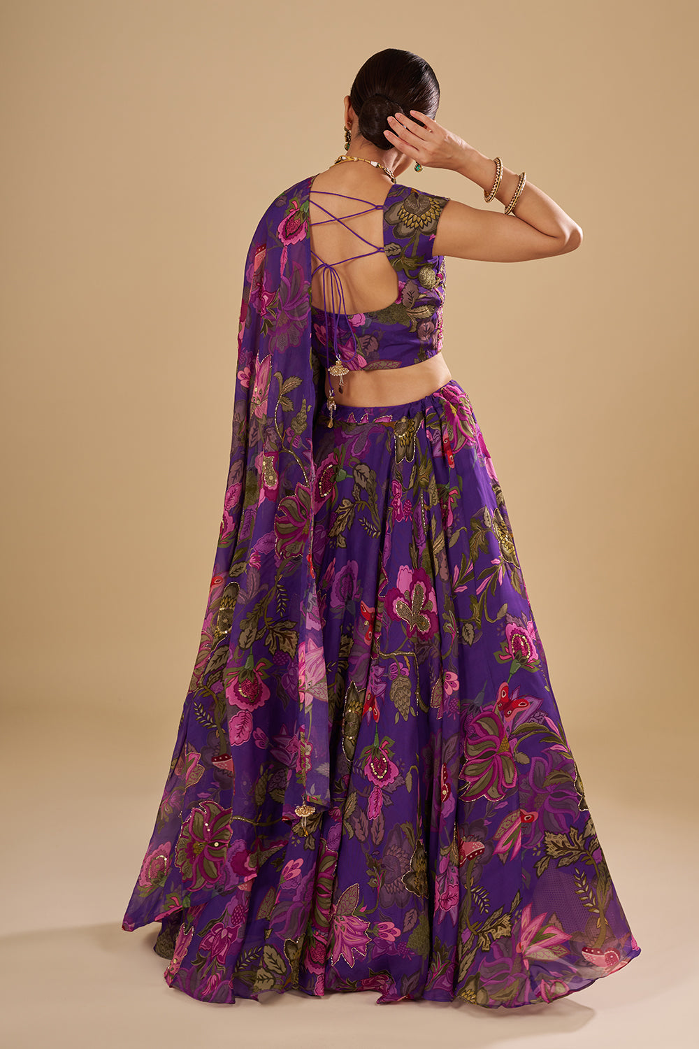 Purple Lehenga with Light and Dark Pink Floral Accents