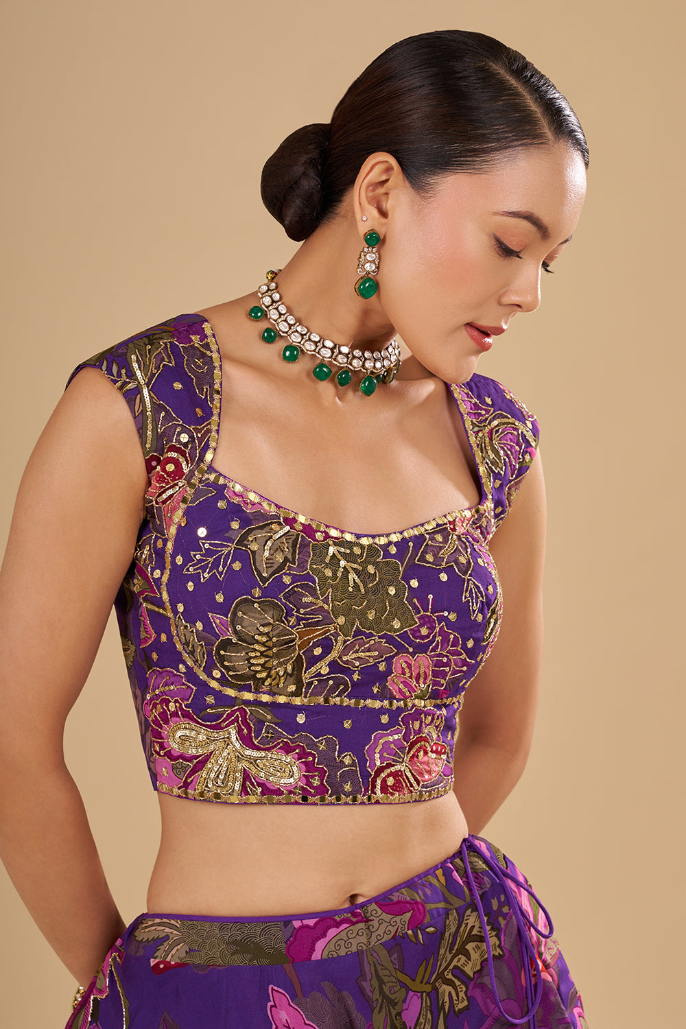 Purple Lehenga with Light and Dark Pink Floral Accents