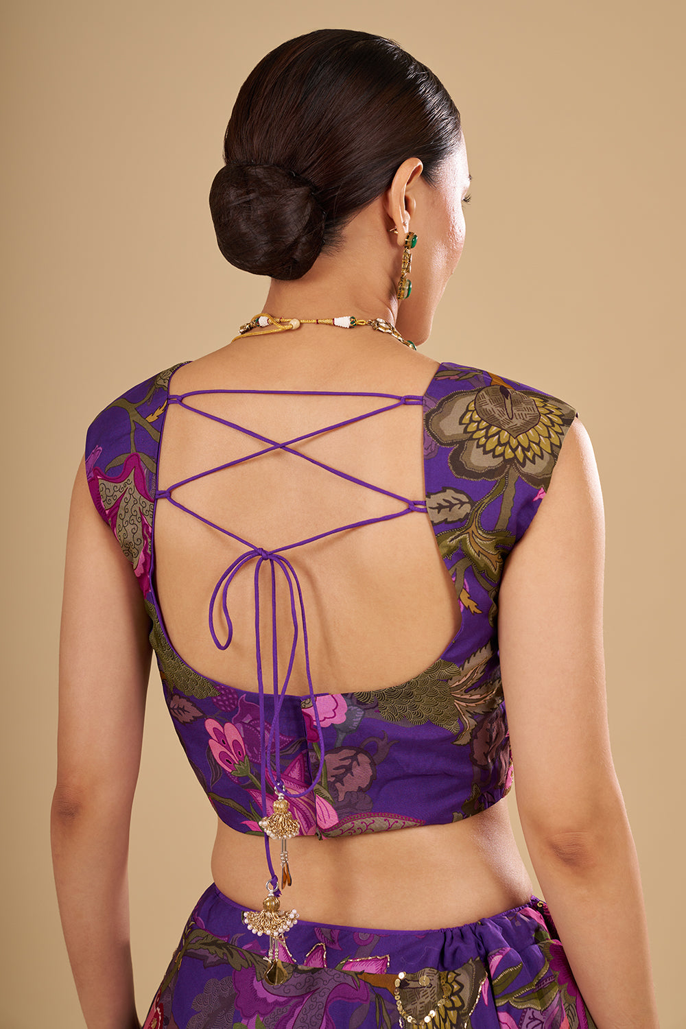 Purple Lehenga with Light and Dark Pink Floral Accents