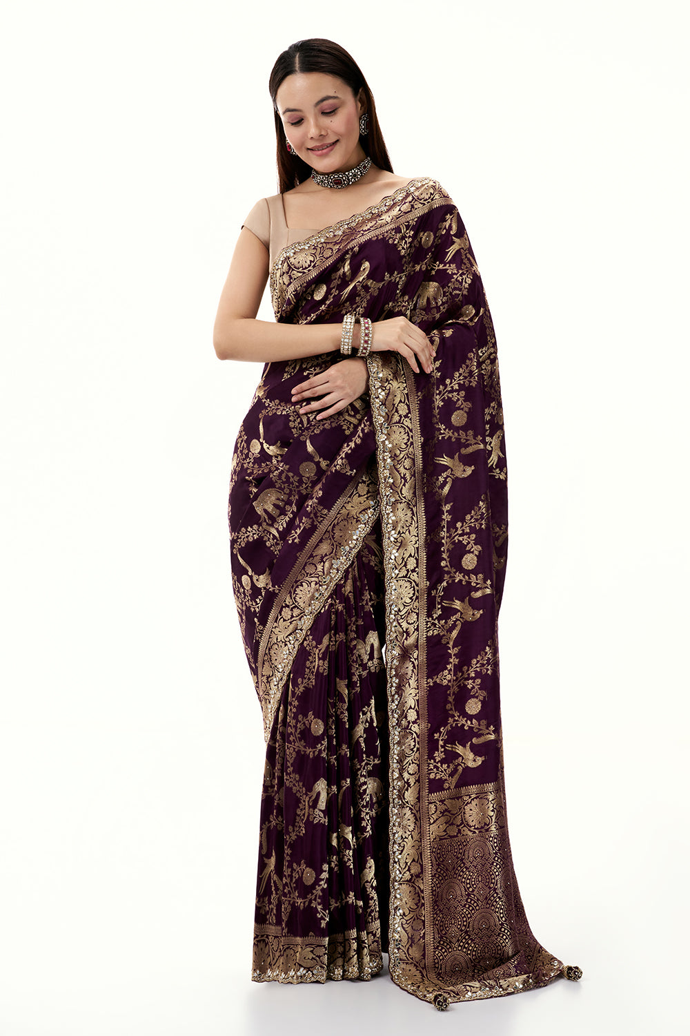 Purple Woven Banarasi Brocade Saree with Mirror and Cutdana Work