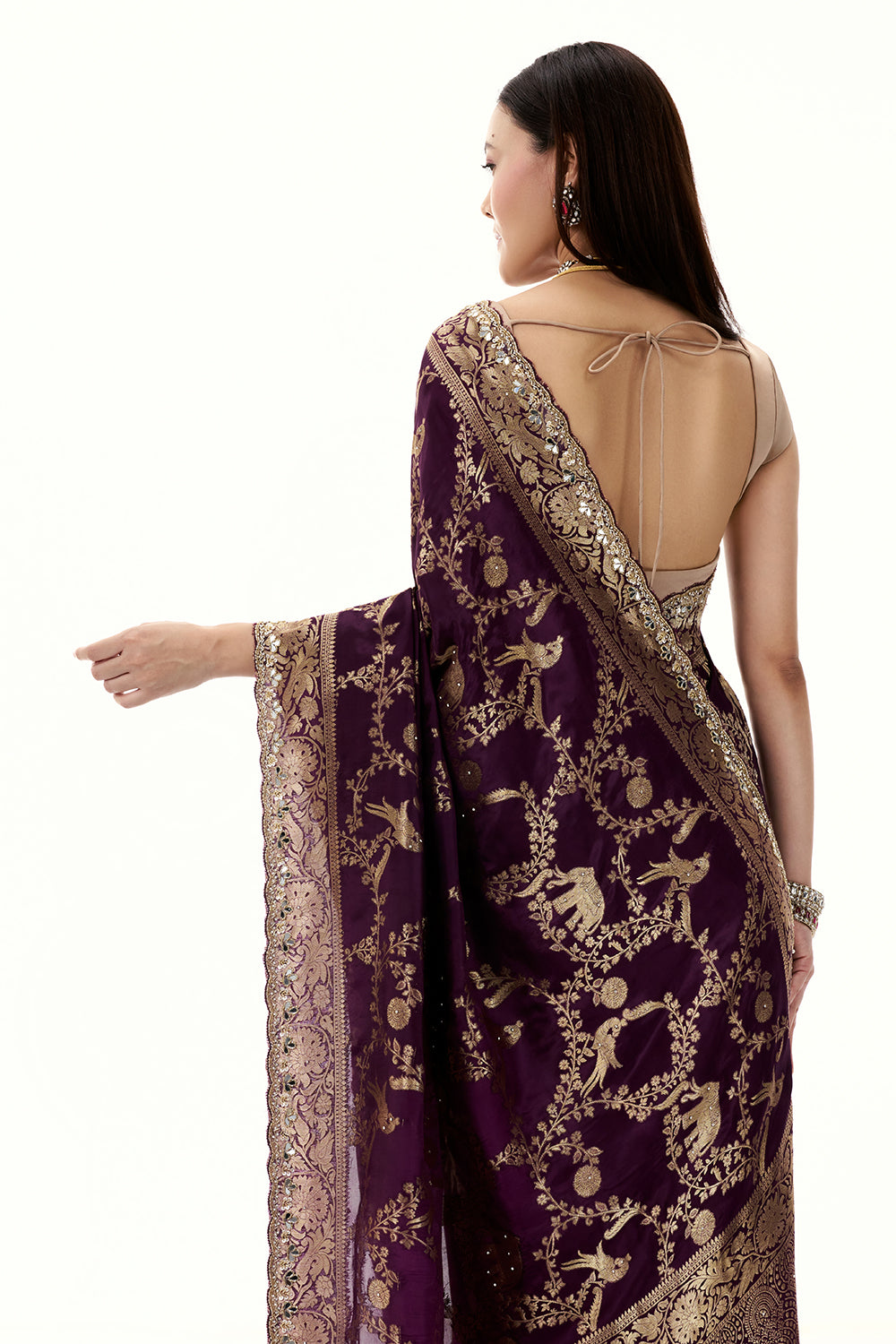 Purple Woven Banarasi Brocade Saree with Mirror and Cutdana Work