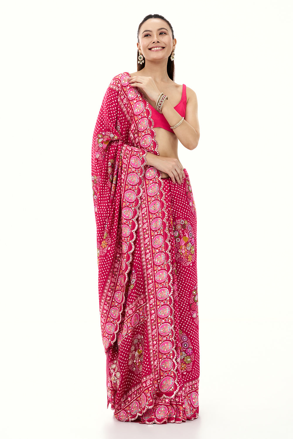 Rani Pink Art Silk Printed Saree with Mirror and Beads Work
