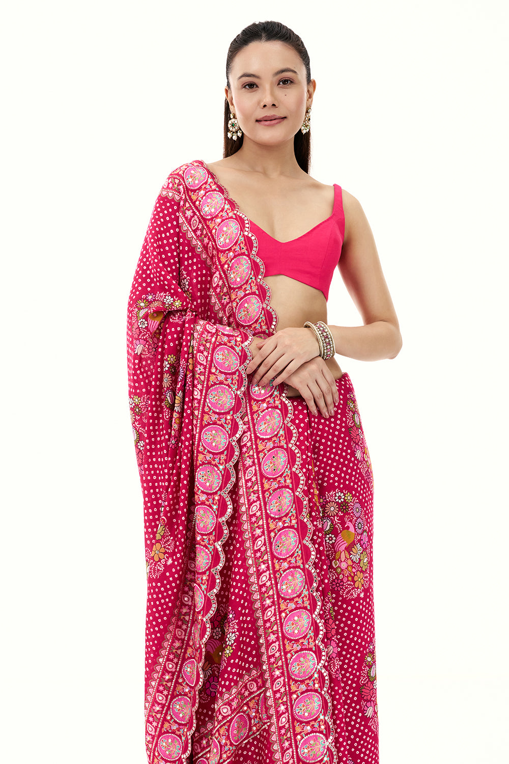 Rani Pink Art Silk Printed Saree with Mirror and Beads Work