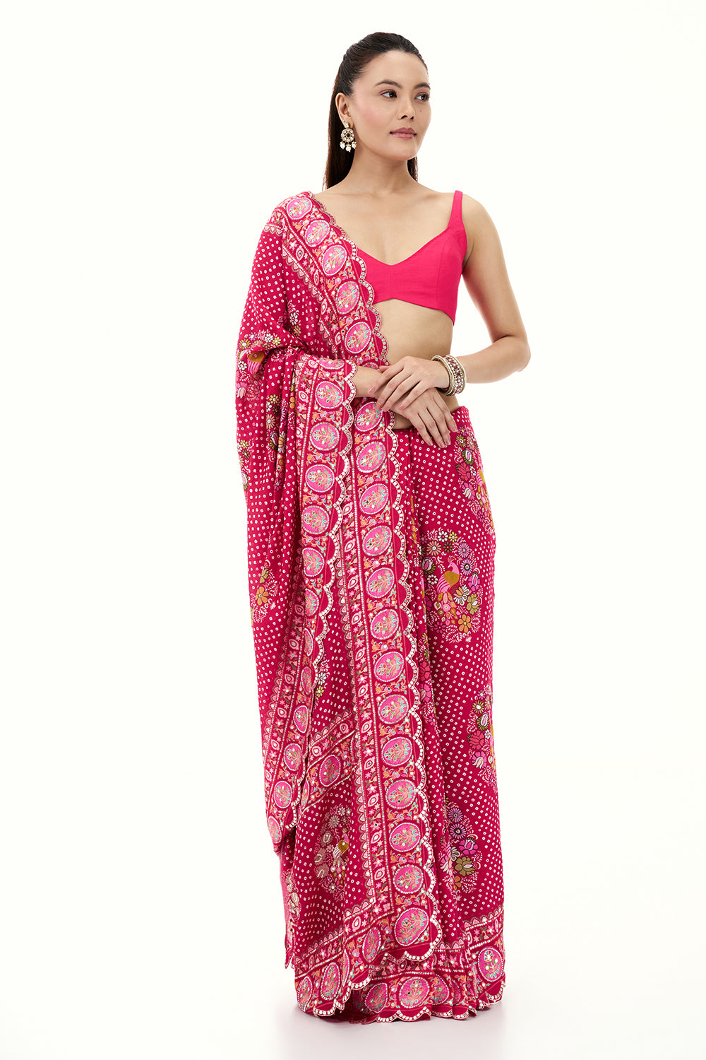 Rani Pink Art Silk Printed Saree with Mirror and Beads Work