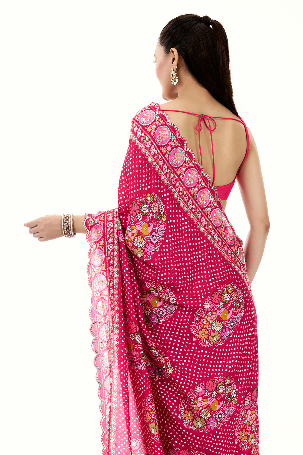Rani Pink Art Silk Printed Saree with Mirror and Beads Work