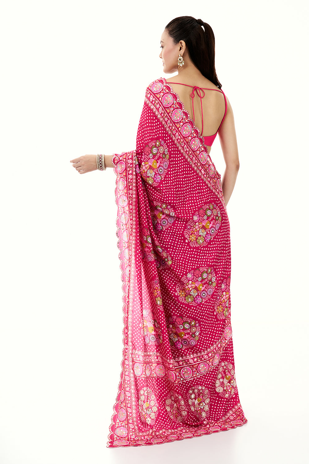 Rani Pink Art Silk Printed Saree with Mirror and Beads Work