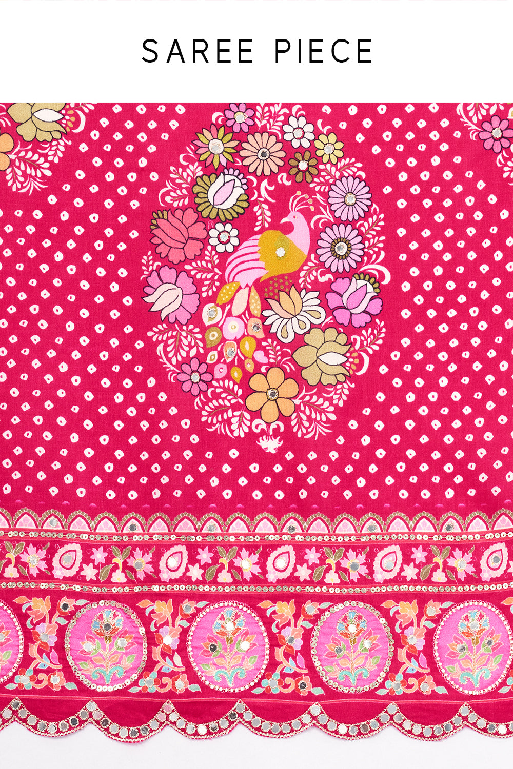 Rani Pink Art Silk Printed Saree with Mirror and Beads Work
