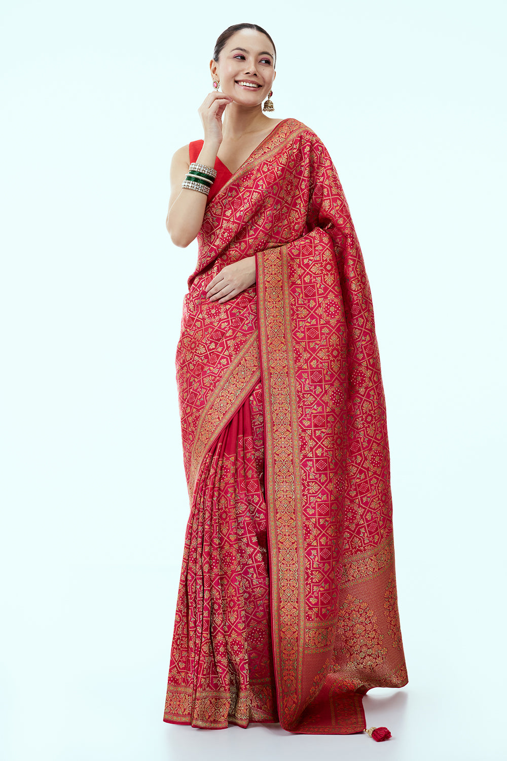 Rani Pink Banarasi Silk Geometrical Woven Saree and Unstitched Blouse