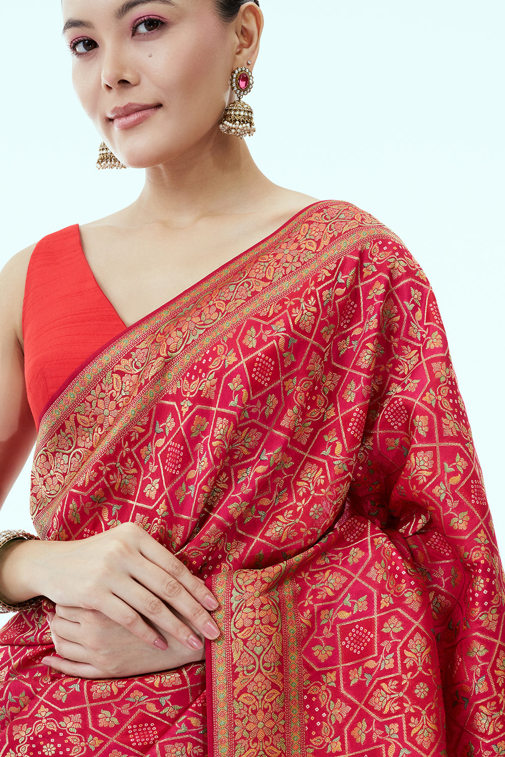 Rani Pink Banarasi Silk Geometrical Woven Saree and Unstitched Blouse