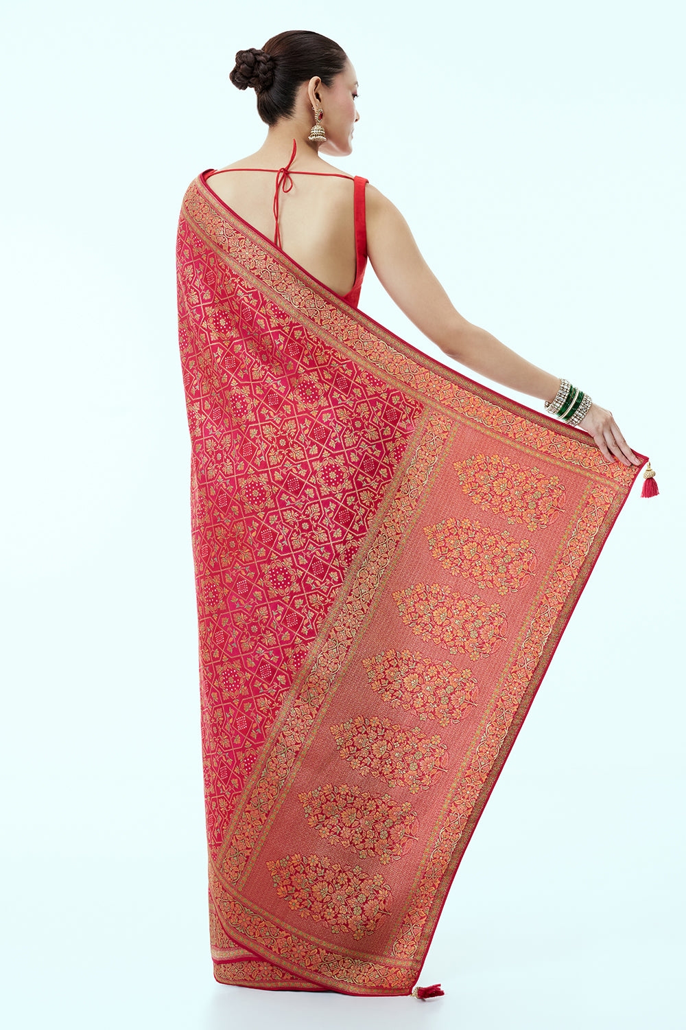 Rani Pink Banarasi Silk Geometrical Woven Saree and Unstitched Blouse