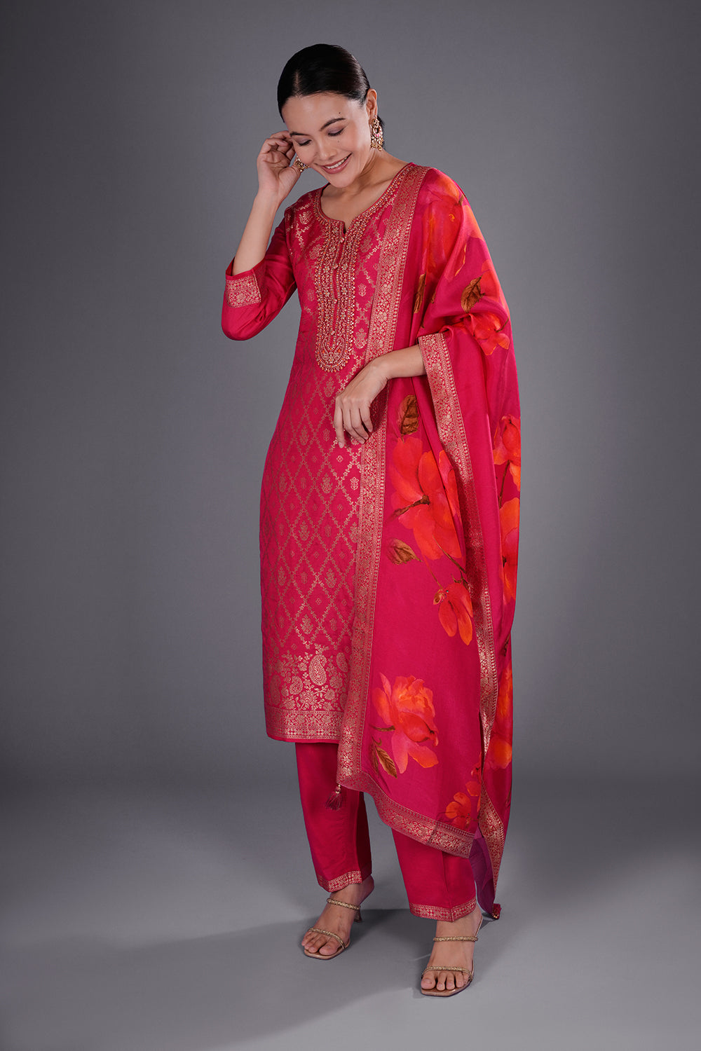 Rani Pink Banarasi Silk Kurta Set with Zari Buti Embroidery