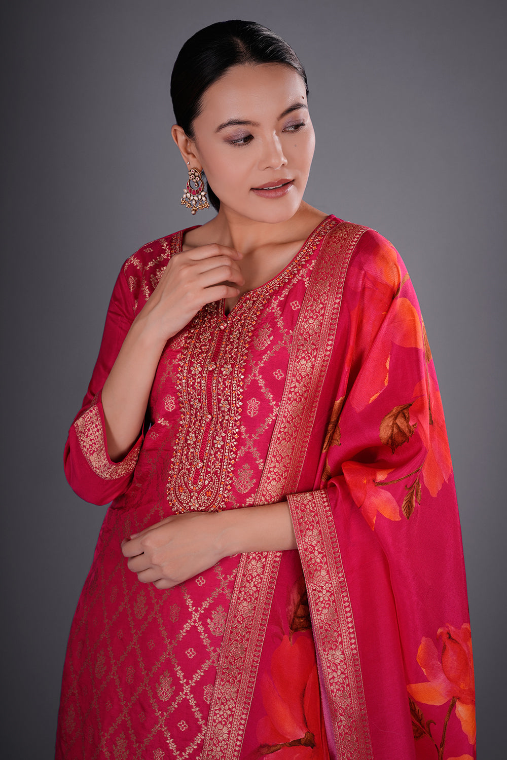Rani Pink Banarasi Silk Kurta Set with Zari Buti Embroidery