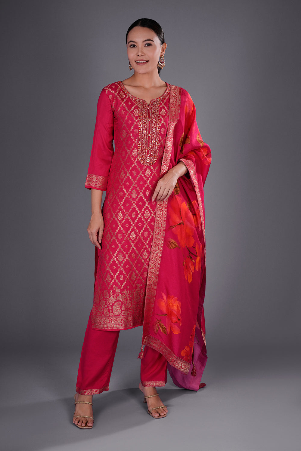 Rani Pink Banarasi Silk Kurta Set with Zari Buti Embroidery