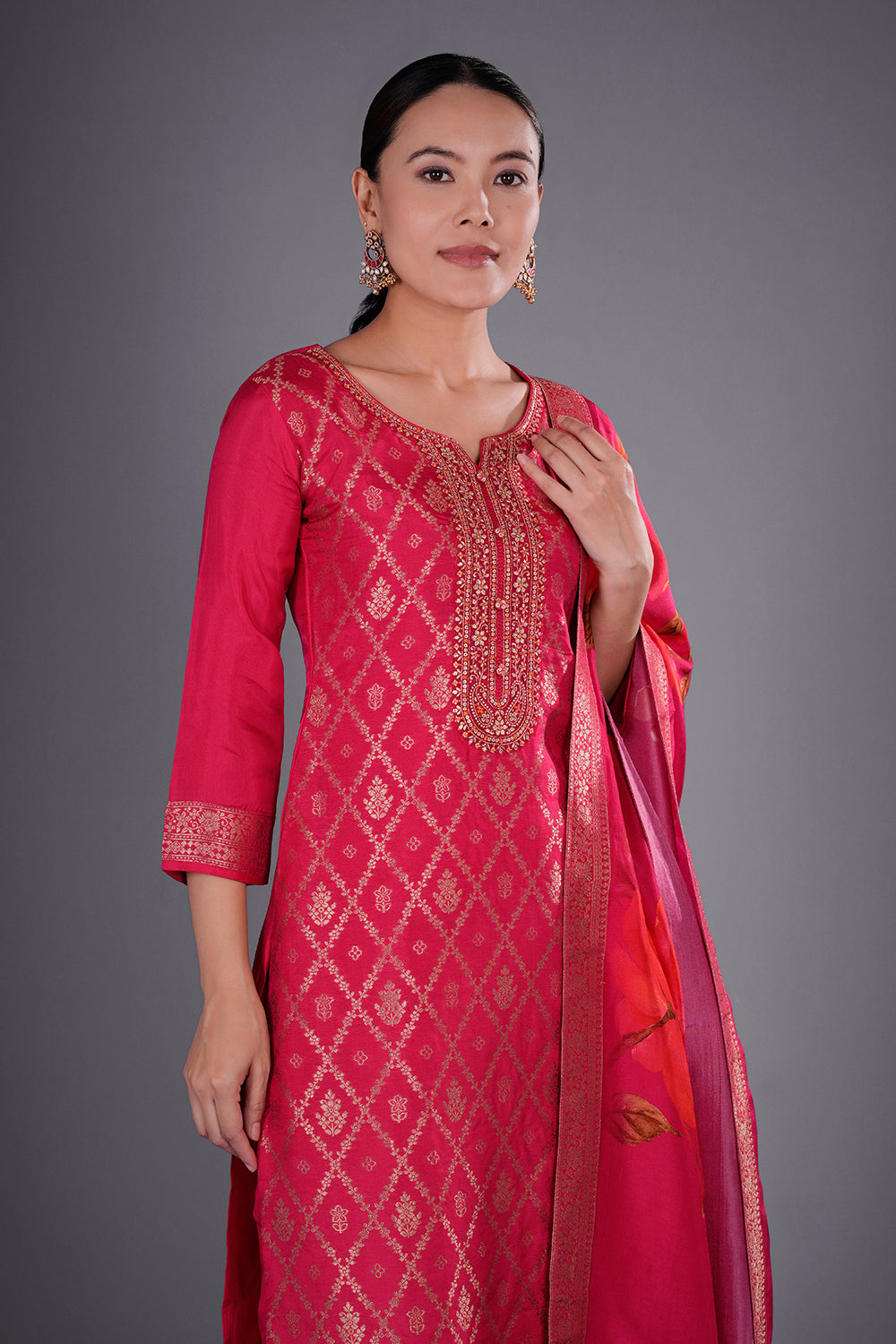 Rani Pink Banarasi Silk Kurta Set with Zari Buti Embroidery