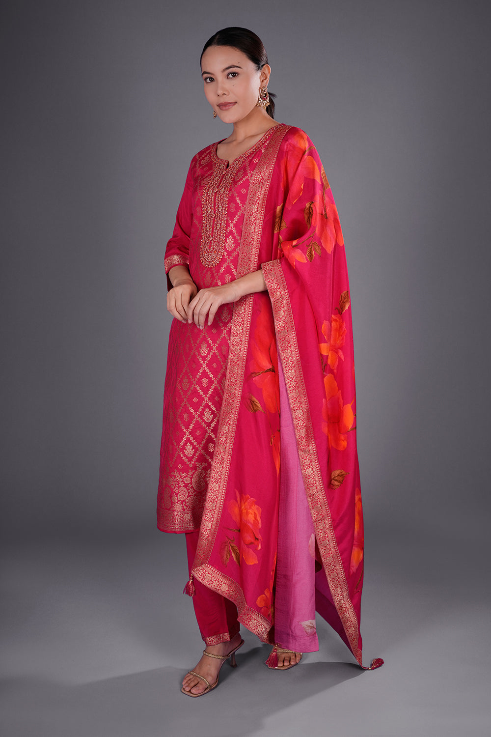 Rani Pink Banarasi Silk Kurta Set with Zari Buti Embroidery