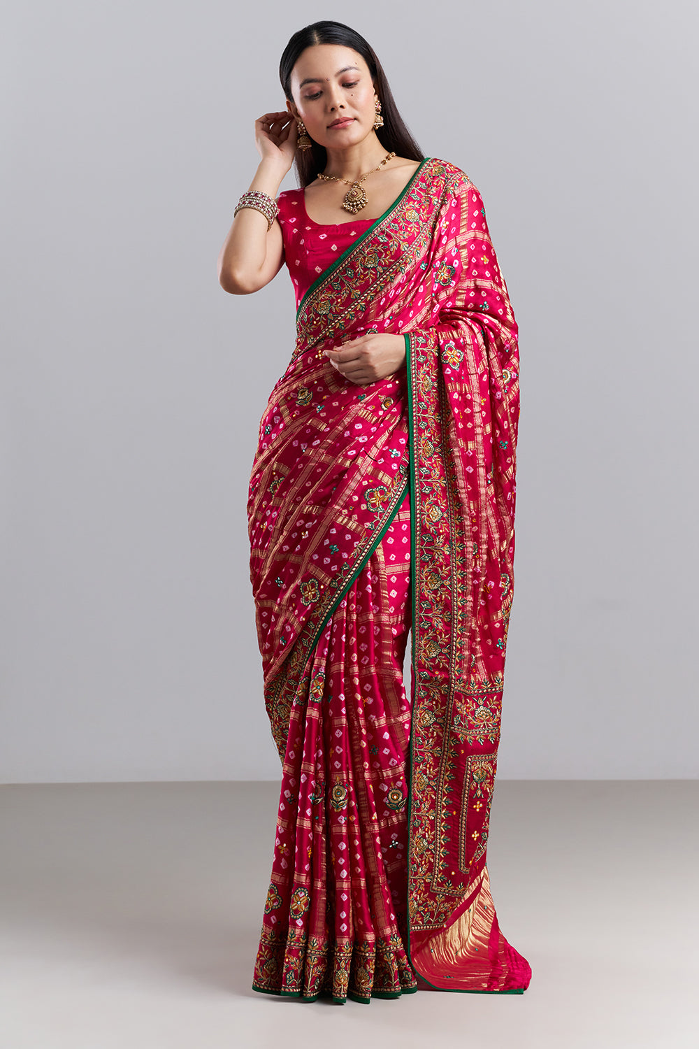Rani Pink Bandhej Gharchola Embroidered Saree