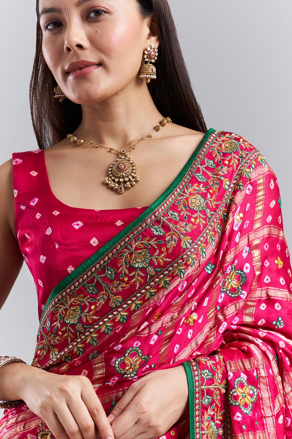Rani Pink Bandhej Gharchola Embroidered Saree
