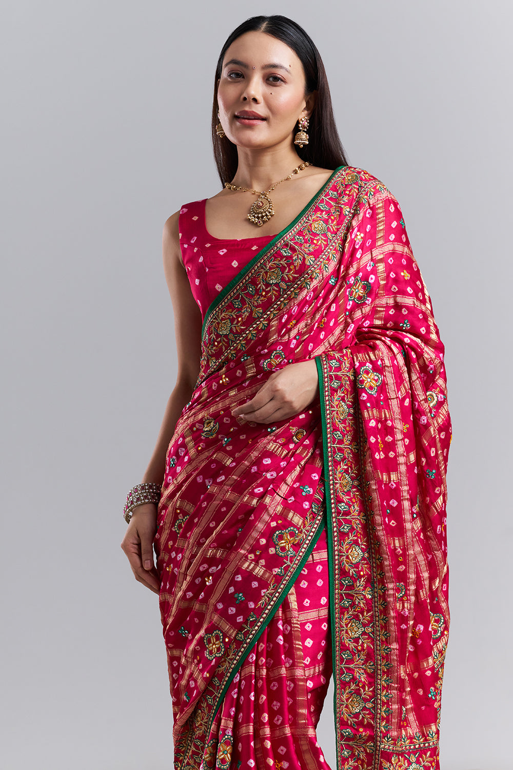 Rani Pink Bandhej Gharchola Embroidered Saree