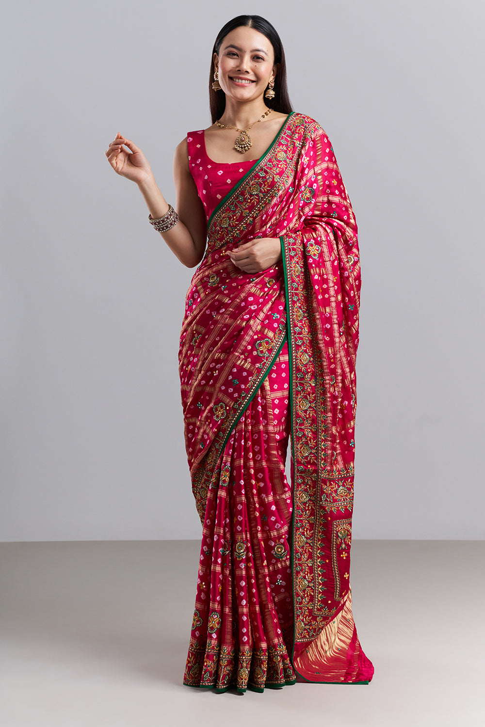 Rani Pink Bandhej Gharchola Embroidered Saree