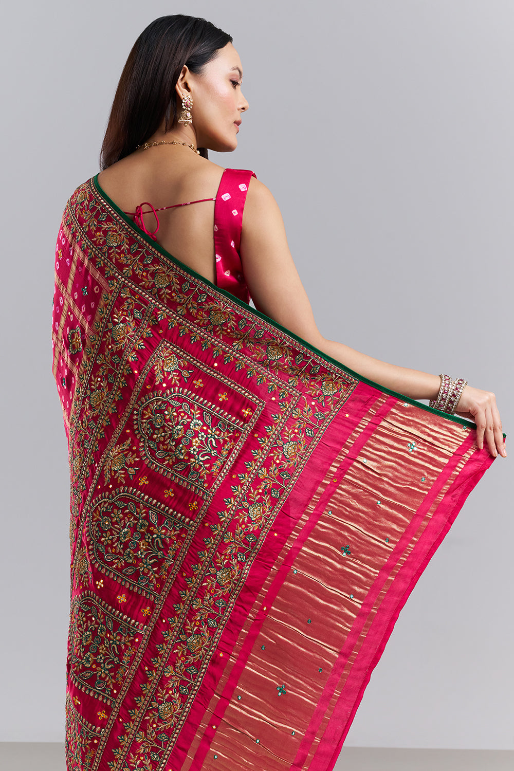 Rani Pink Bandhej Gharchola Embroidered Saree
