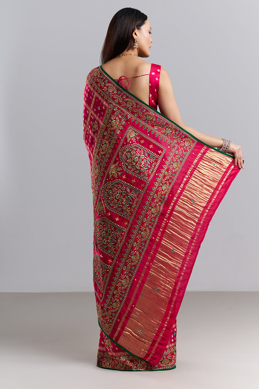 Rani Pink Bandhej Gharchola Embroidered Saree