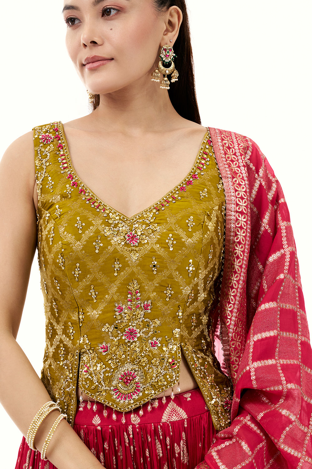 Rani Pink Brocade Lehenga with Resham and Sequin Work