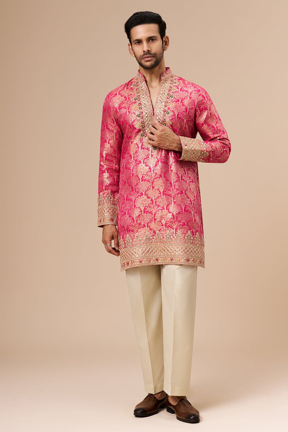 Rani Pink Brocade Silk Mens Kurta Set with Zari and Sequin Work