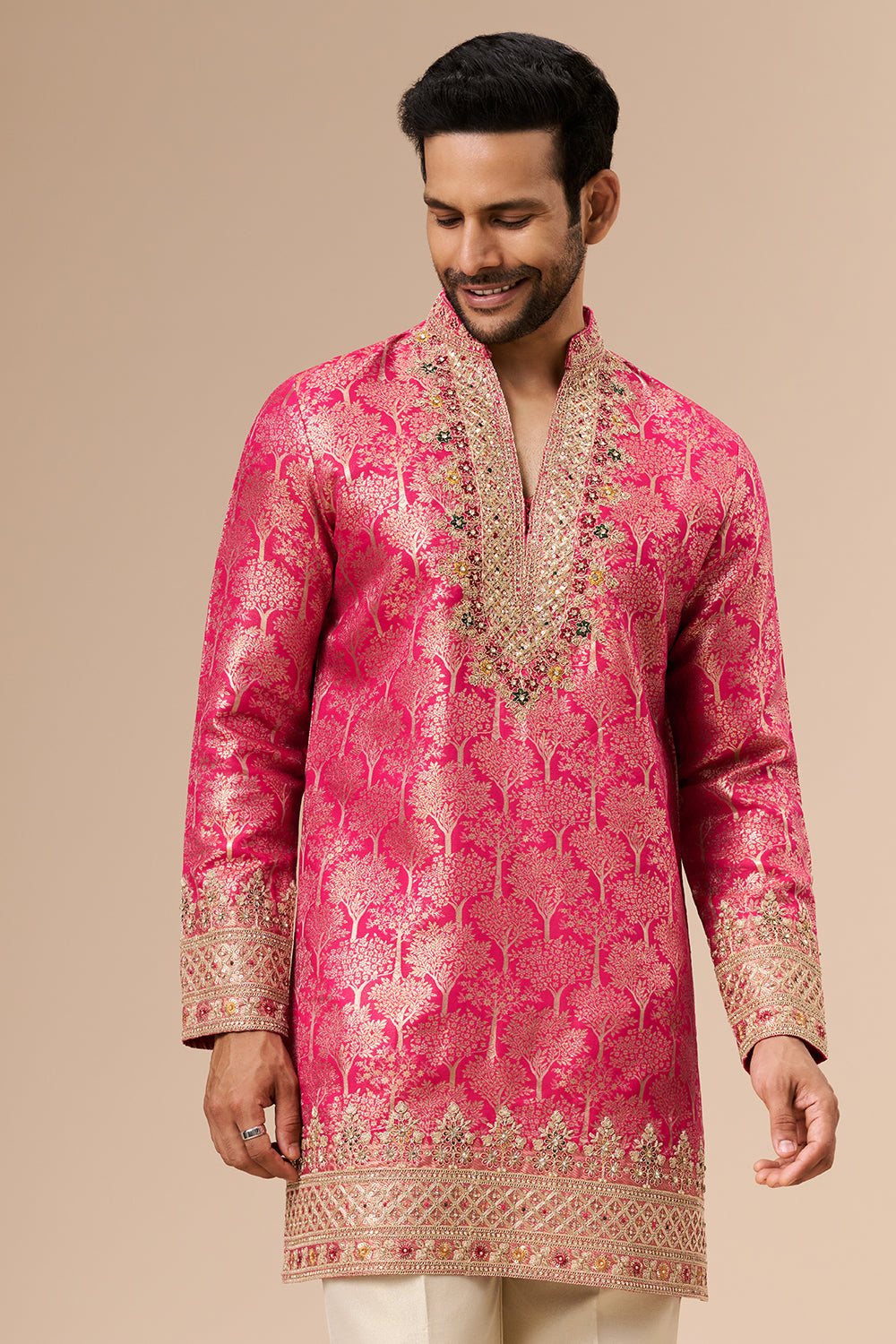 Rani Pink Brocade Silk Mens Kurta Set with Zari and Sequin Work