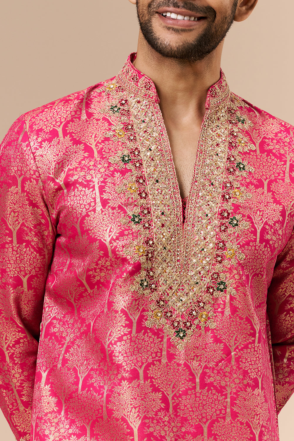 Rani Pink Brocade Silk Mens Kurta Set with Zari and Sequin Work
