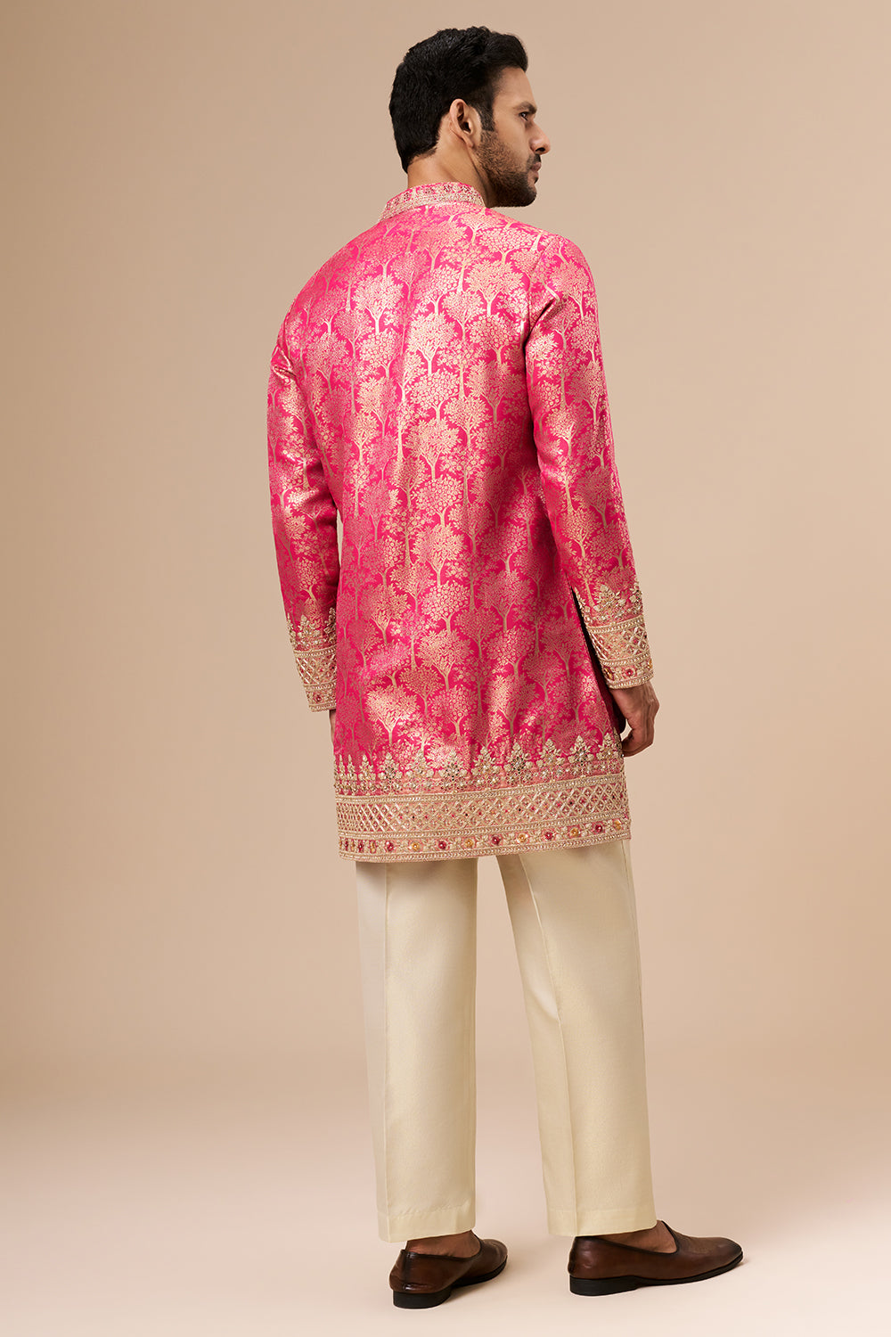Rani Pink Brocade Silk Mens Kurta Set with Zari and Sequin Work