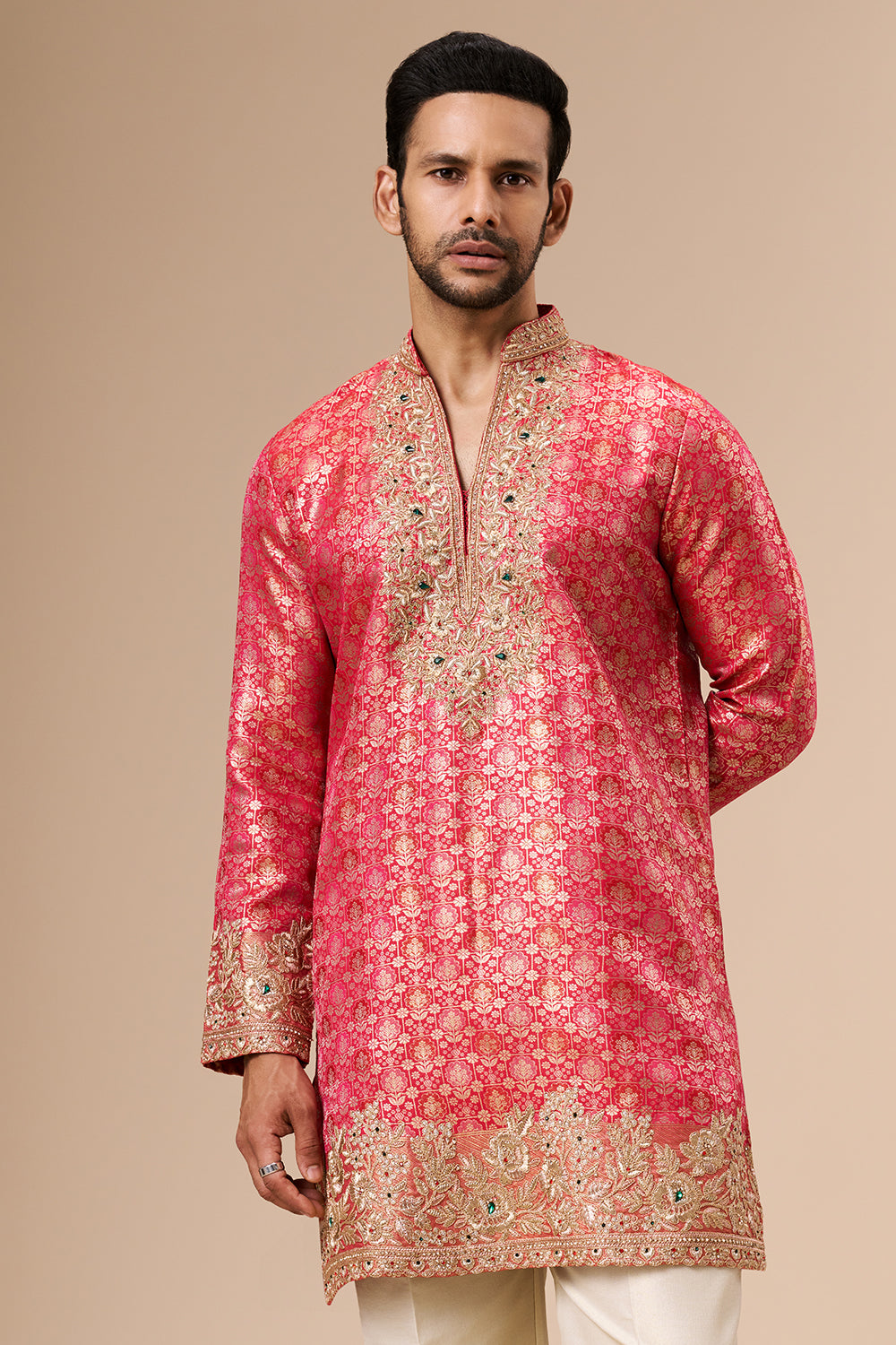 Rani Pink Brocade Silk Mens Kurta Set with Zari Work