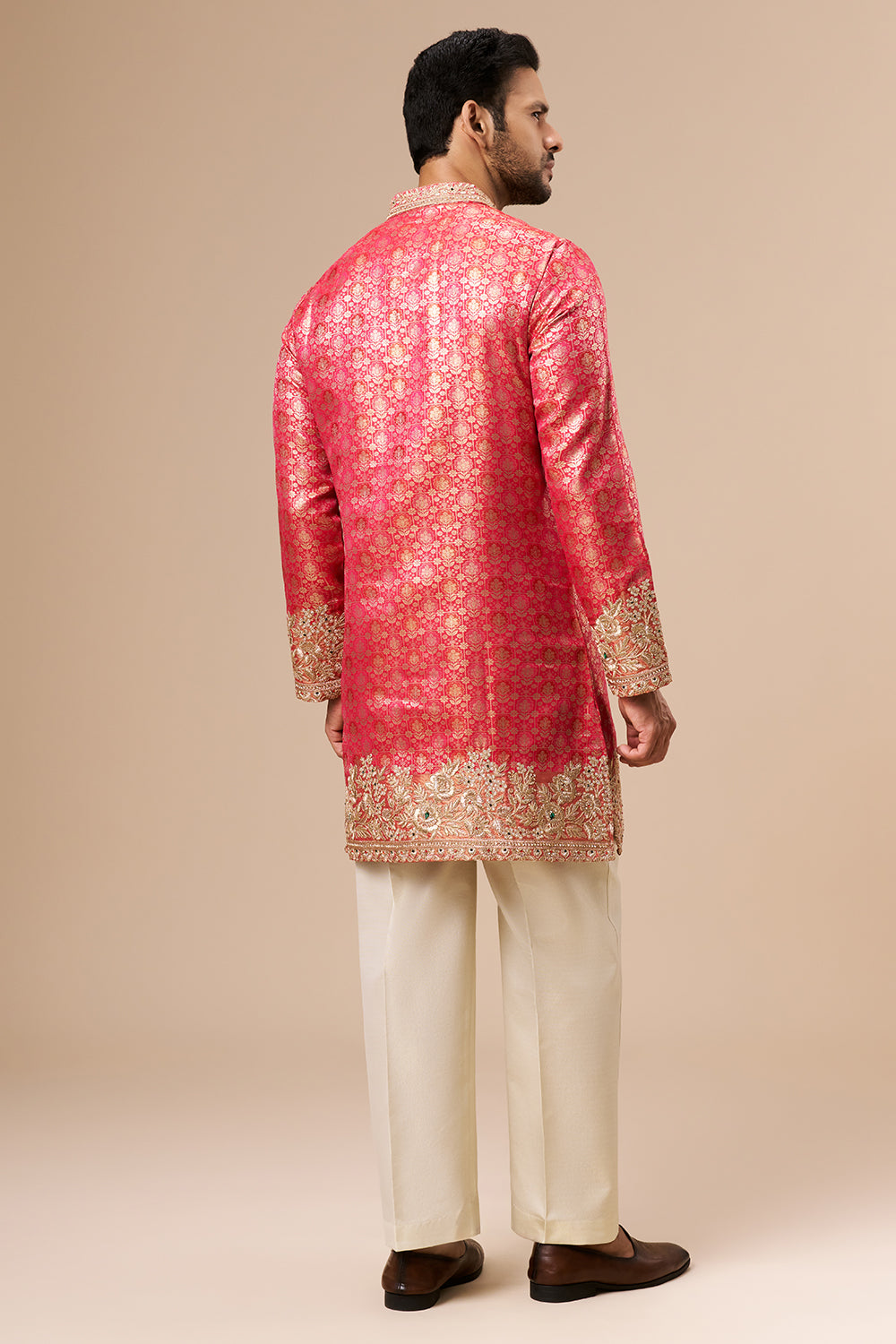 Rani Pink Brocade Silk Mens Kurta Set with Zari Work