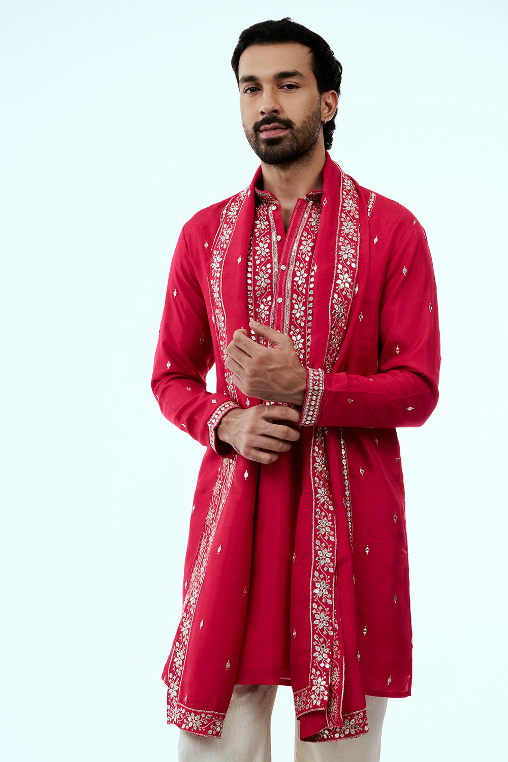 Rani Pink Chanderi Silk Mens Kurta Set in Mirror Work with Dupatta
