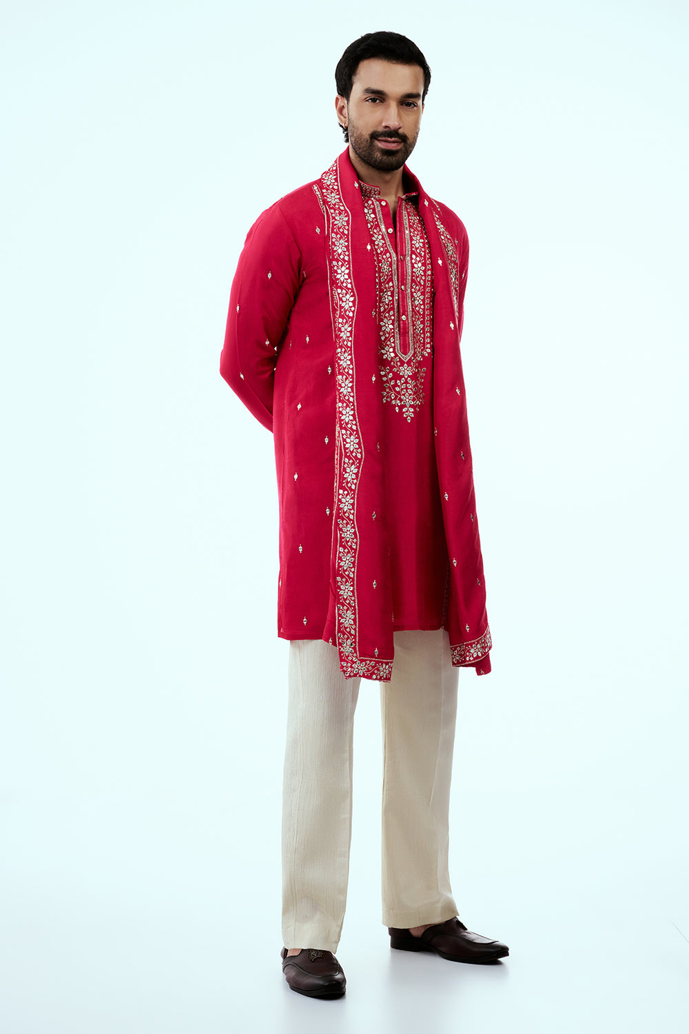 Rani Pink Chanderi Silk Mens Kurta Set in Mirror Work with Dupatta