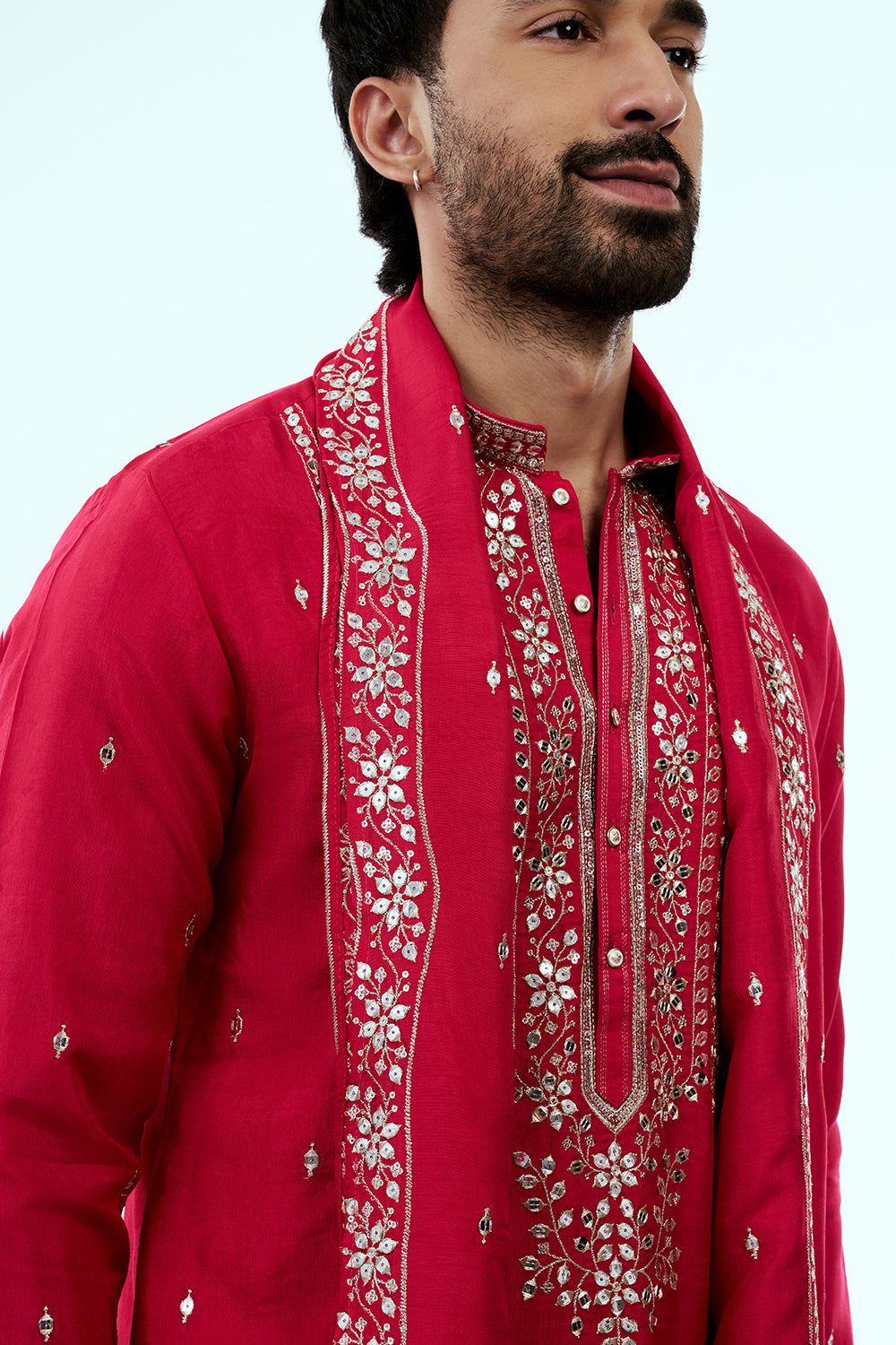 Rani Pink Chanderi Silk Mens Kurta Set in Mirror Work with Dupatta