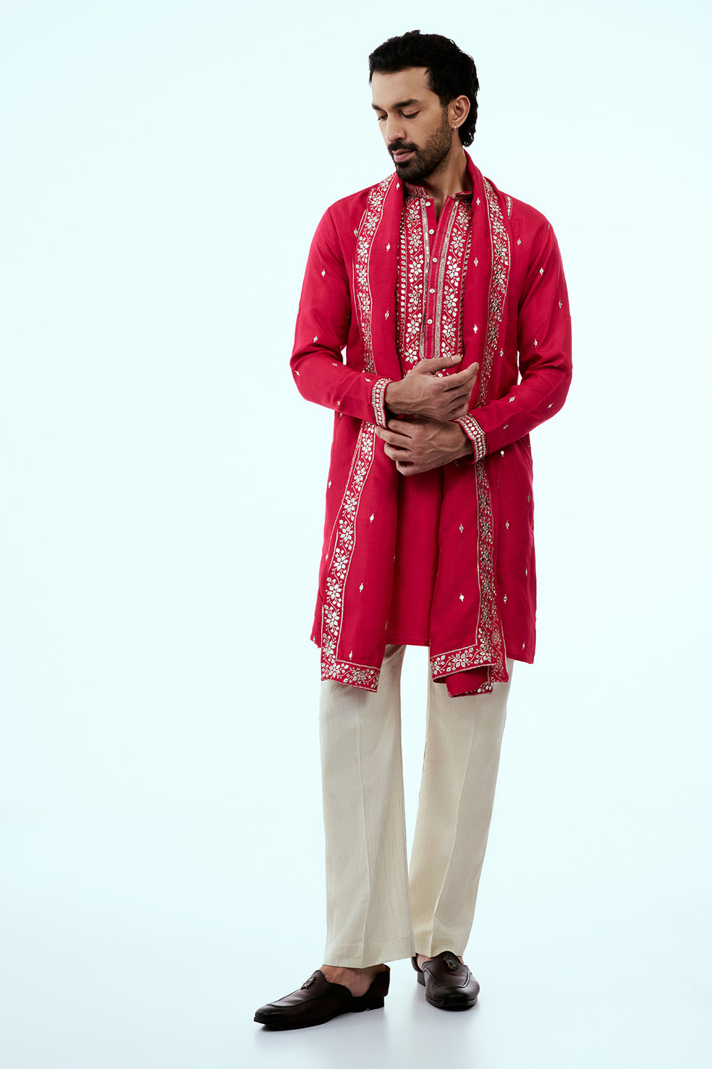 Rani Pink Chanderi Silk Mens Kurta Set in Mirror Work with Dupatta