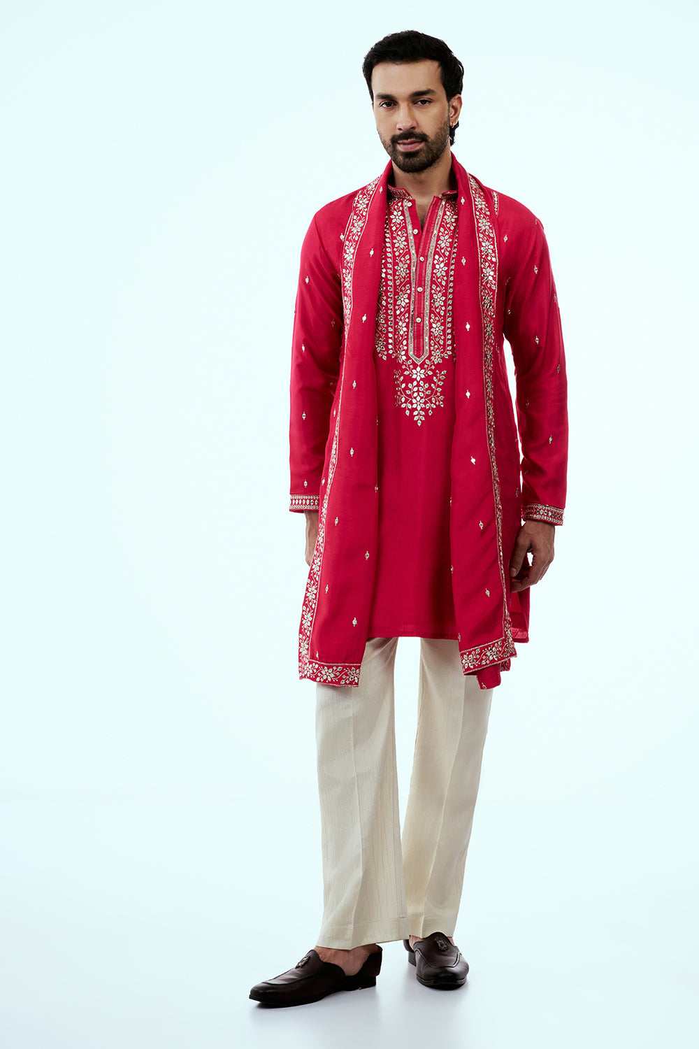 Rani Pink Chanderi Silk Mens Kurta Set in Mirror Work with Dupatta