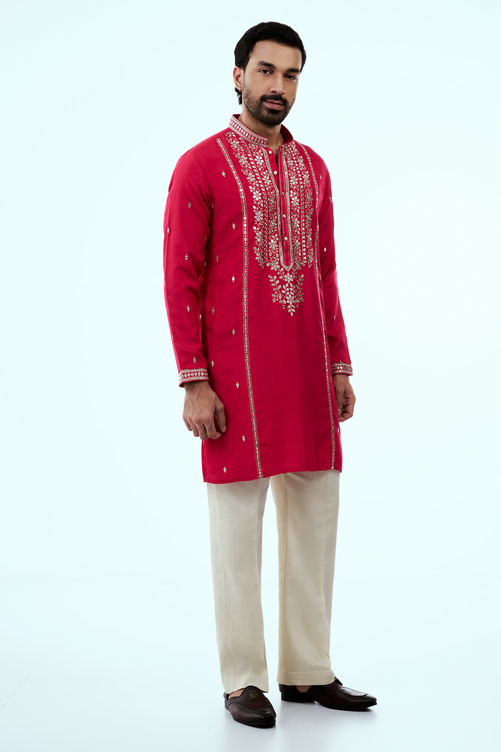 Rani Pink Chanderi Silk Mens Kurta Set in Mirror Work with Dupatta