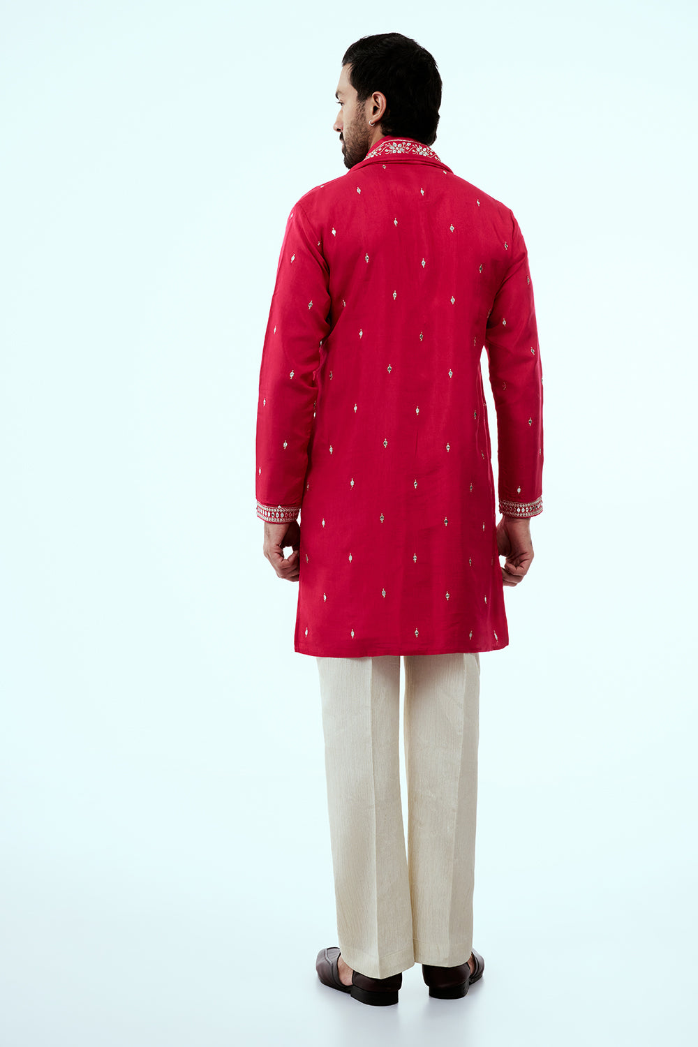 Rani Pink Chanderi Silk Mens Kurta Set in Mirror Work with Dupatta