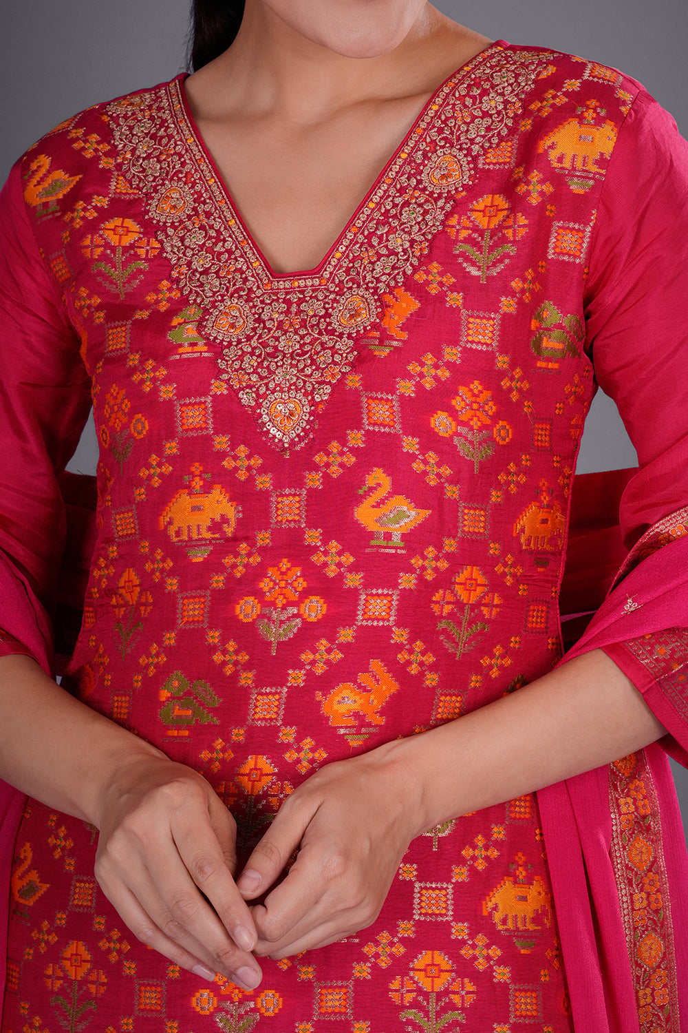Rani Pink Chinon Kurta Set with Banarasi-Inspired Weaving